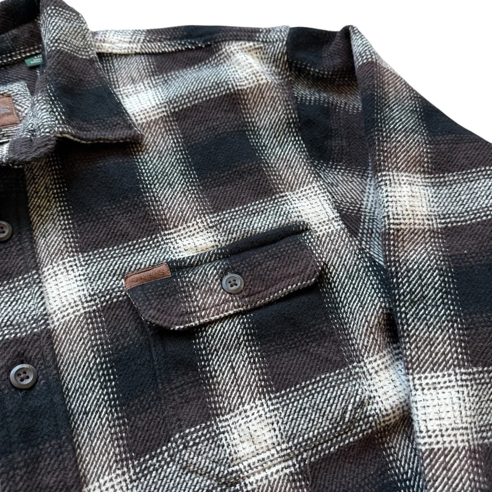 Orvis Mens Plaid Flannel Shirt Jacket L Brown Beige Plaid Overshirt Gorp Outdoor